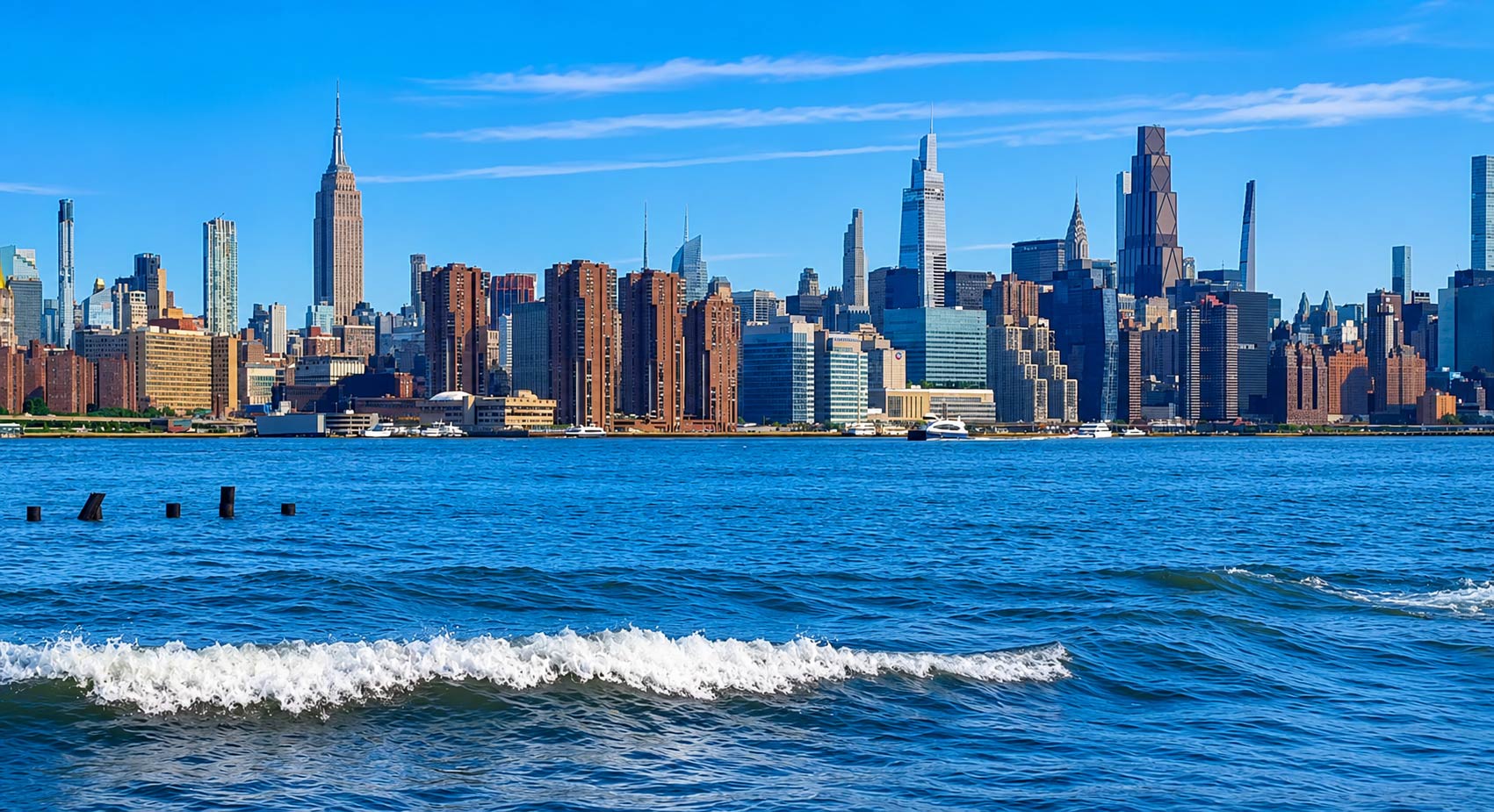 Manhattan skyline architecture seen from New York Harbor