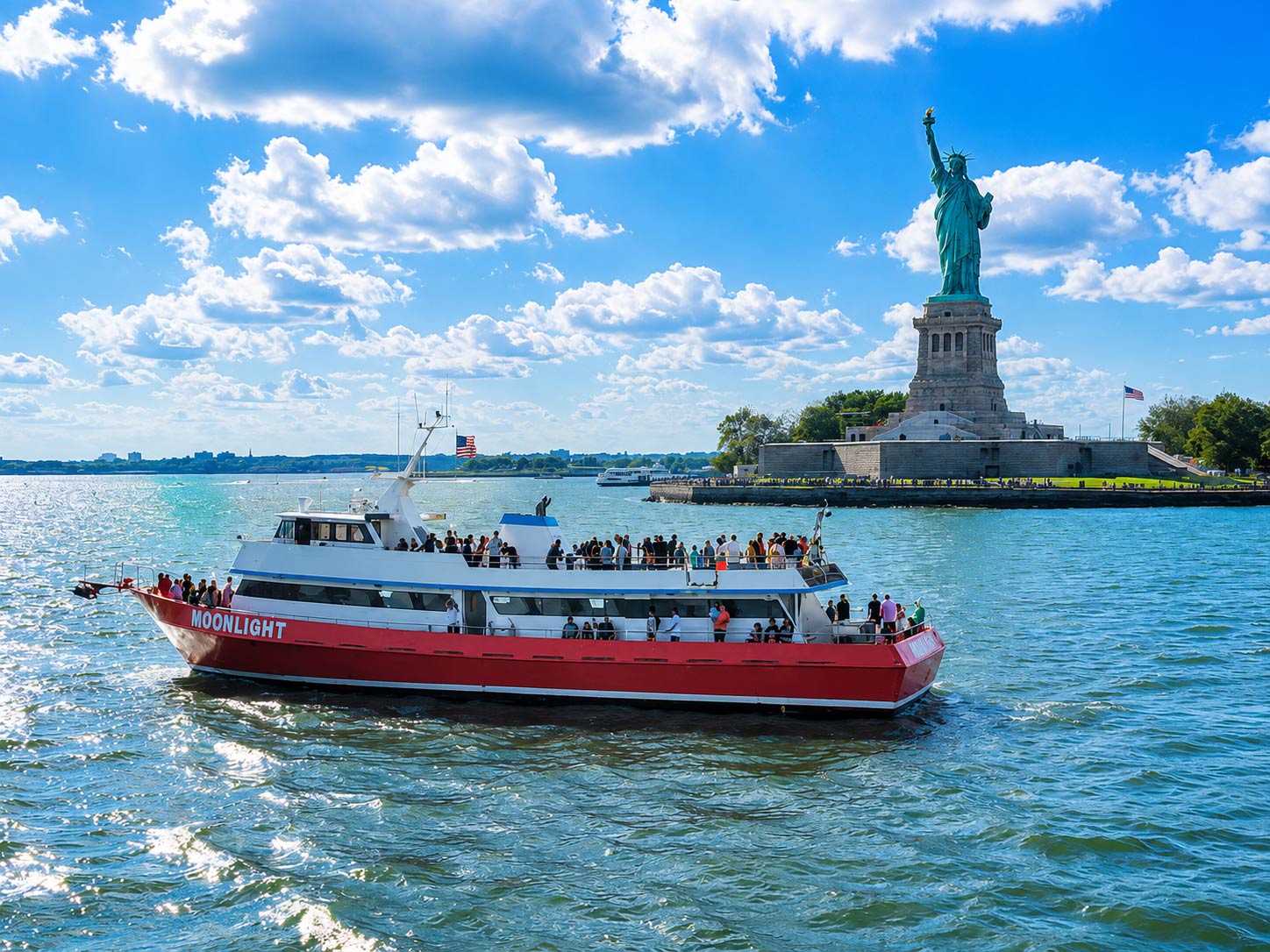 Guests enjoying NYC skyline sunset views from the water