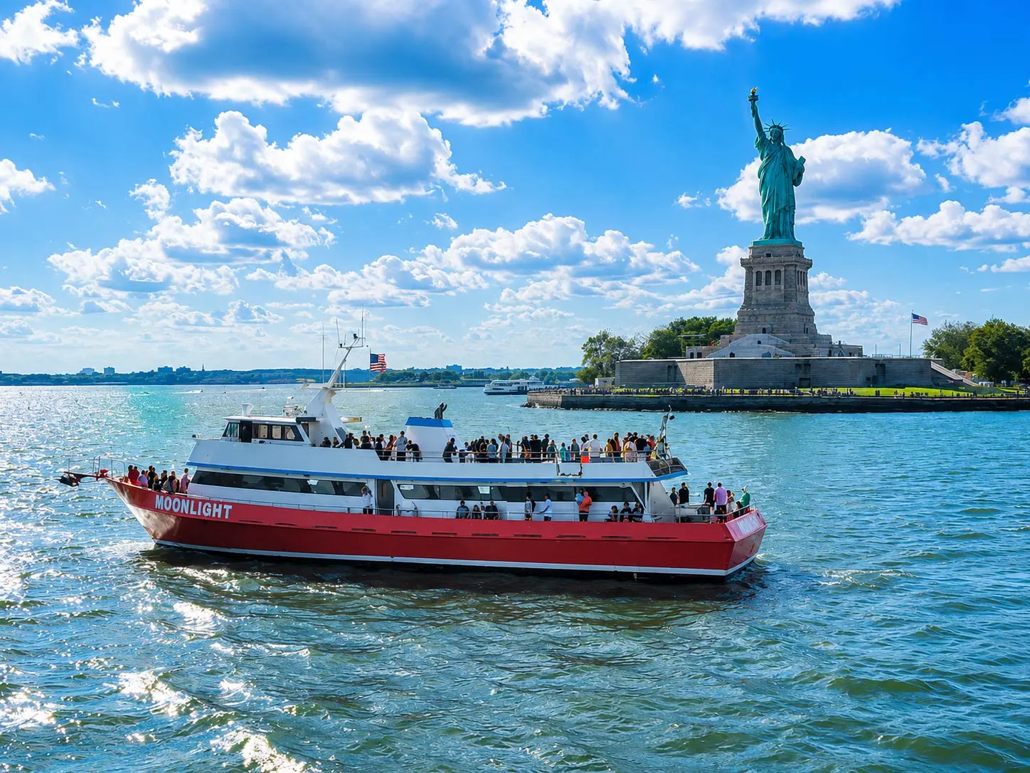 Guests enjoying NYC skyline sunset views from the water