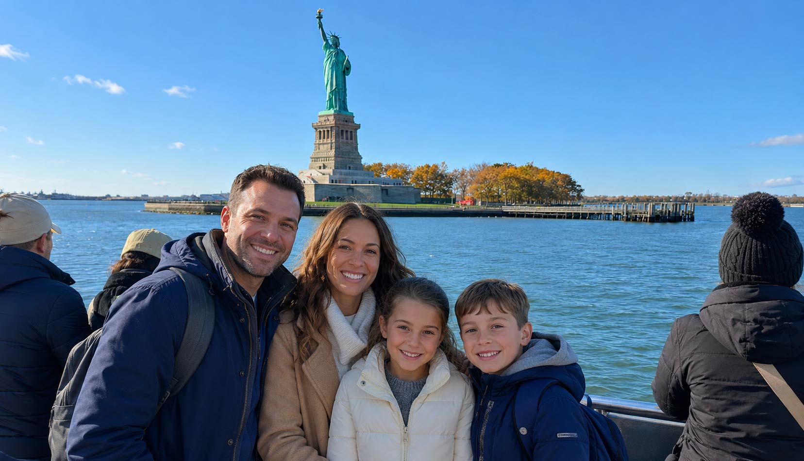 Family enjoying a NYC sightseeing cruise with skyline views