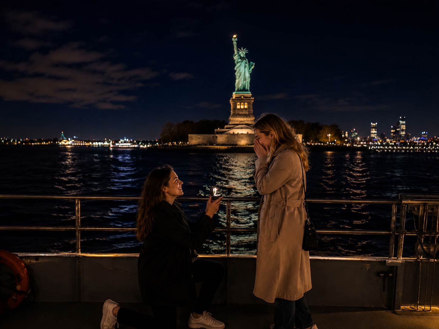 Marriage proposal on a private New York Harbor cruise near the Statue of Liberty