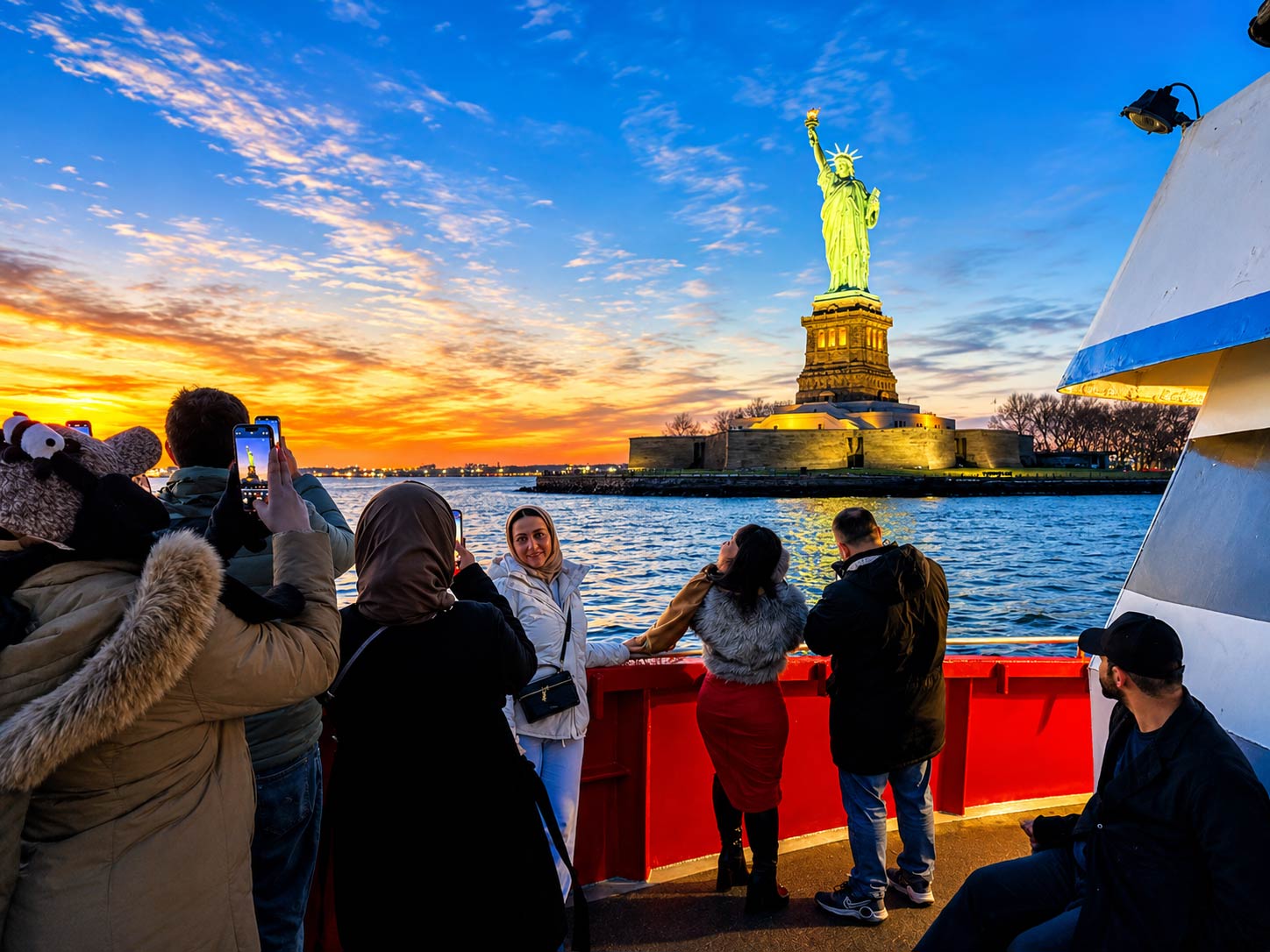 Statue of Liberty illuminated during a NYC night cruise