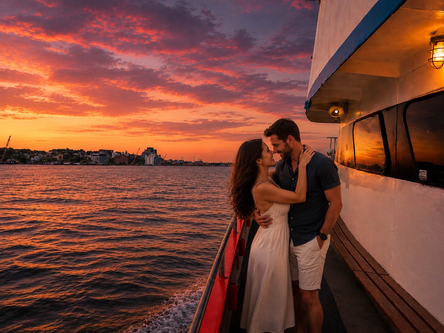 Couple posing during a romantic New York Harbor sunset cruise with Manhattan skyline