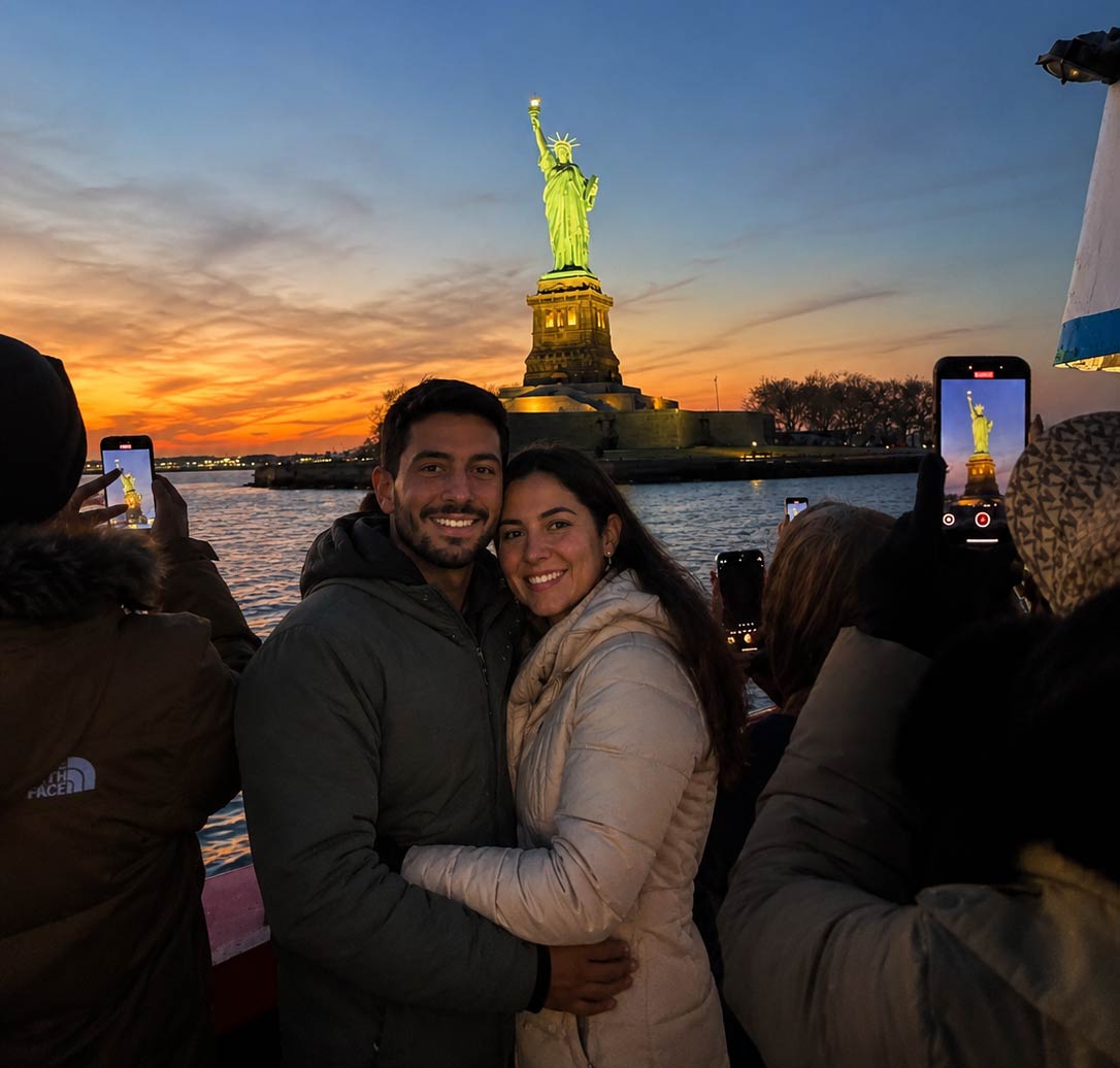 Couple enjoying a romantic NYC night cruise with Manhattan skyline illuminated