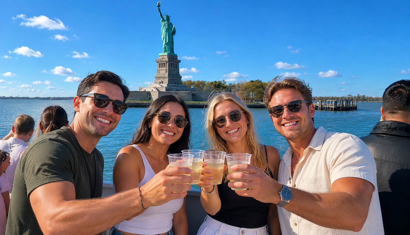 Passengers enjoying complimentary drinks on the Toast to the City NYC Skyline Cruise